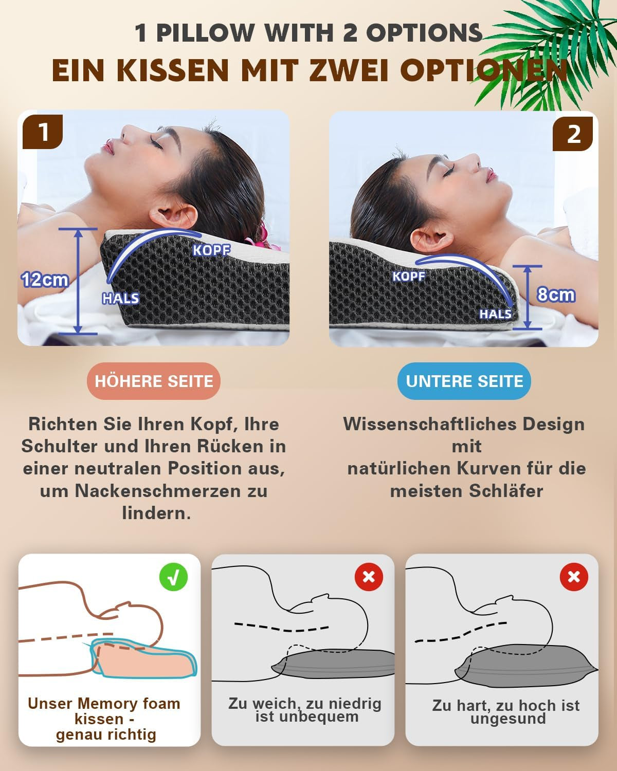 Almohada para el dolor de cuello, almohada ortopédica ergonómica para el cuello, almohada de espuma viscoelástica abdominal para la espalda lateral, almohada antironquidos para hombres y mujeres (62 * 34,5 * 12/8 CM) Almohadas ortopédicas cervicales Naty Shop