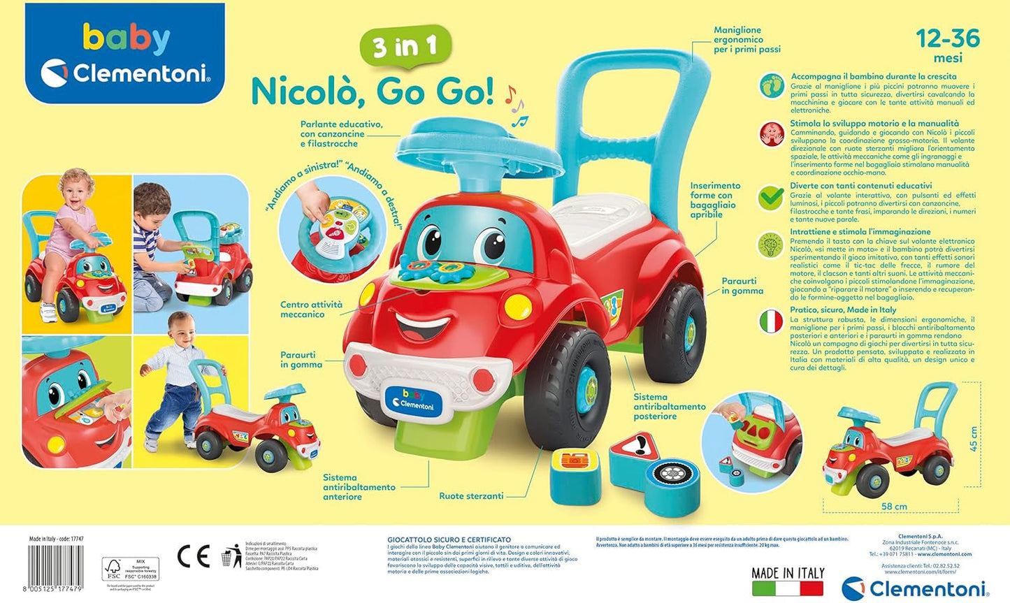 Clementoni - 17747 - Nicolò Go Go 3 en 1 - Coche de montar, altavoz electrónico de aprendizaje, primeros pasos, luces y sonidos, juego para niños de 1 año - Made in Italy Bebe Toys Naty Shop