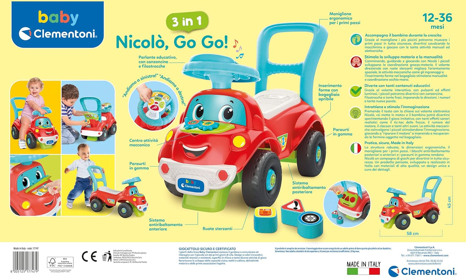 Clementoni - 17747 - Nicolò Go Go 3 en 1 - Coche de montar, altavoz electrónico de aprendizaje, primeros pasos, luces y sonidos, juego para niños de 1 año - Made in Italy Bebe Toys Naty Shop