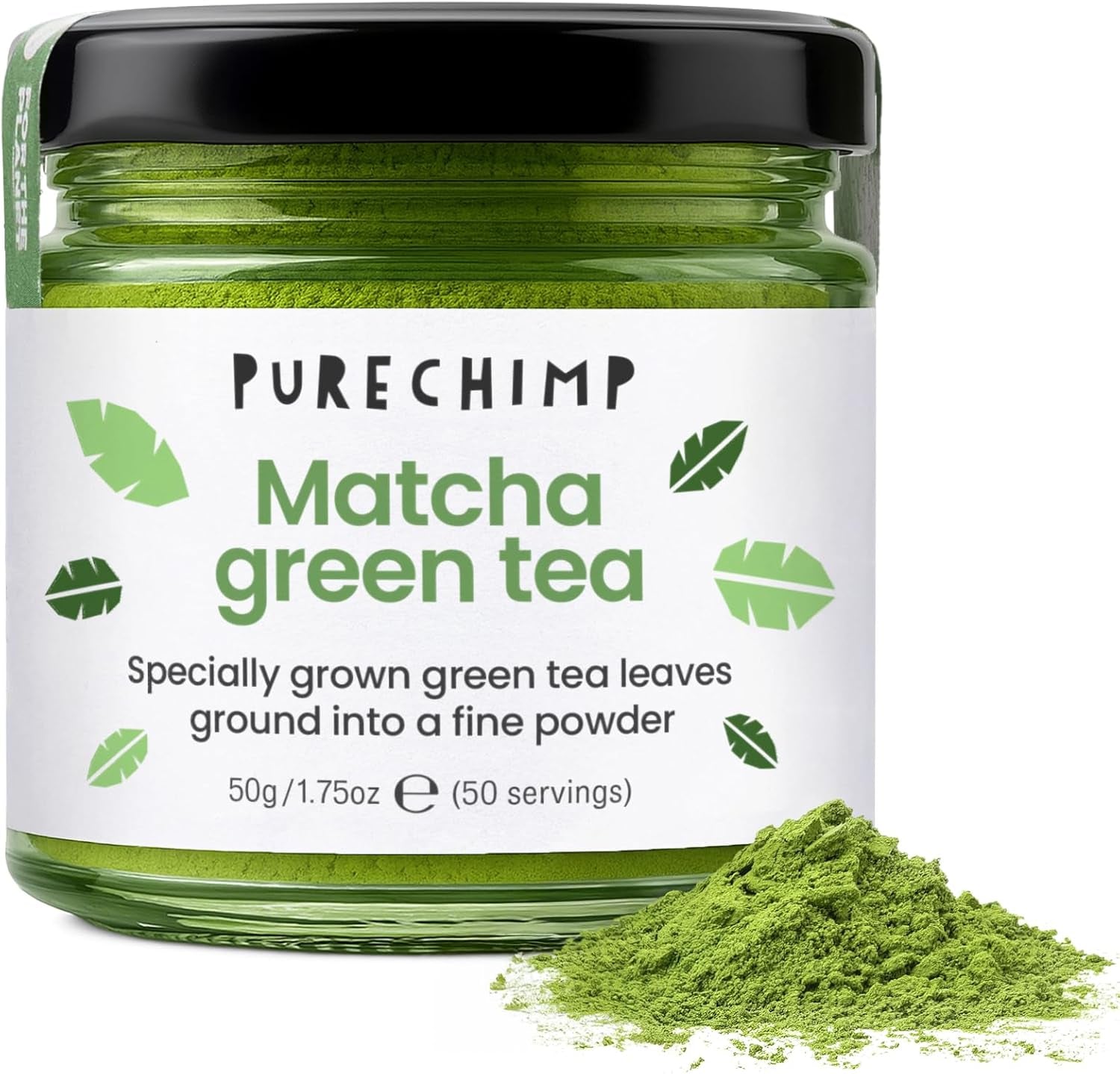 Purechimp Polvo Matcha Grado Ceremonial 50g. Té en polvo 100 % puro cultivado en sombra para cafés con leche, infusiones y recetas. Tarro reciclable. Rico en antioxidantes.