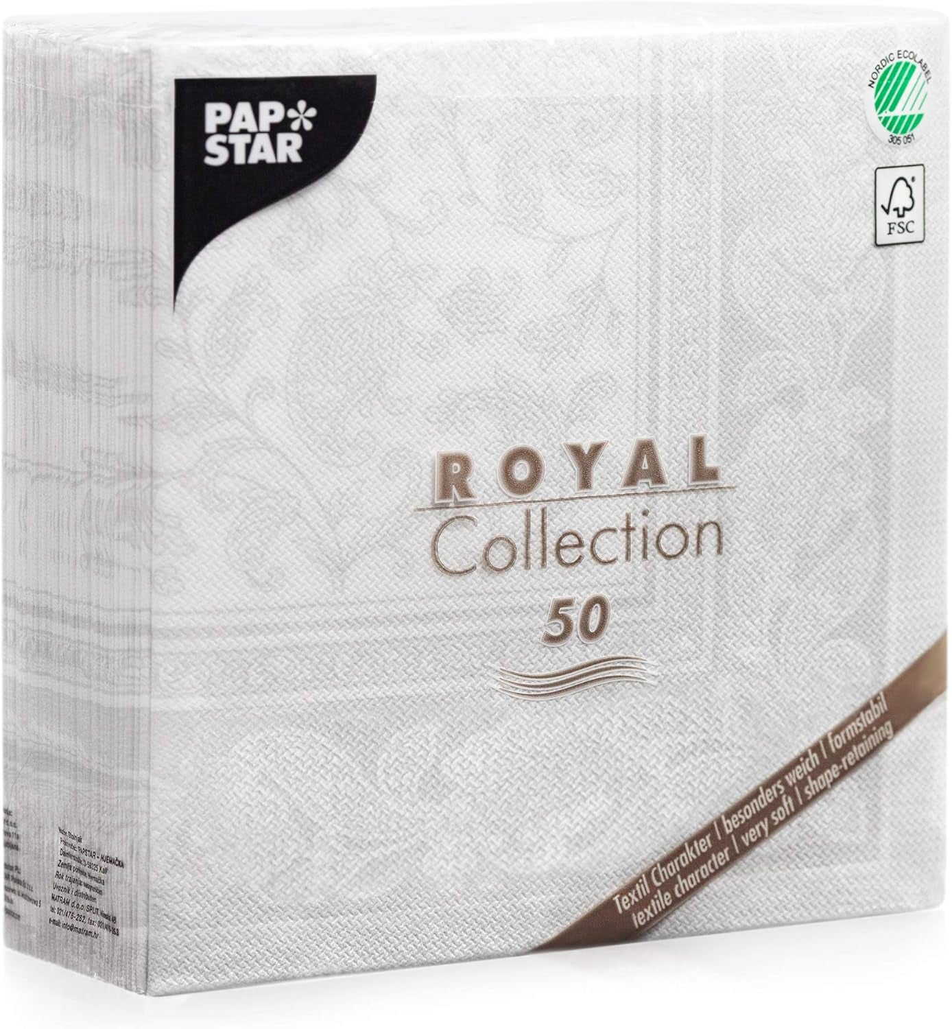 Papstar 11682 50 servilletas "Royal Collection" pliegue 1/4 40 X 40 cm "Adornos", blanco