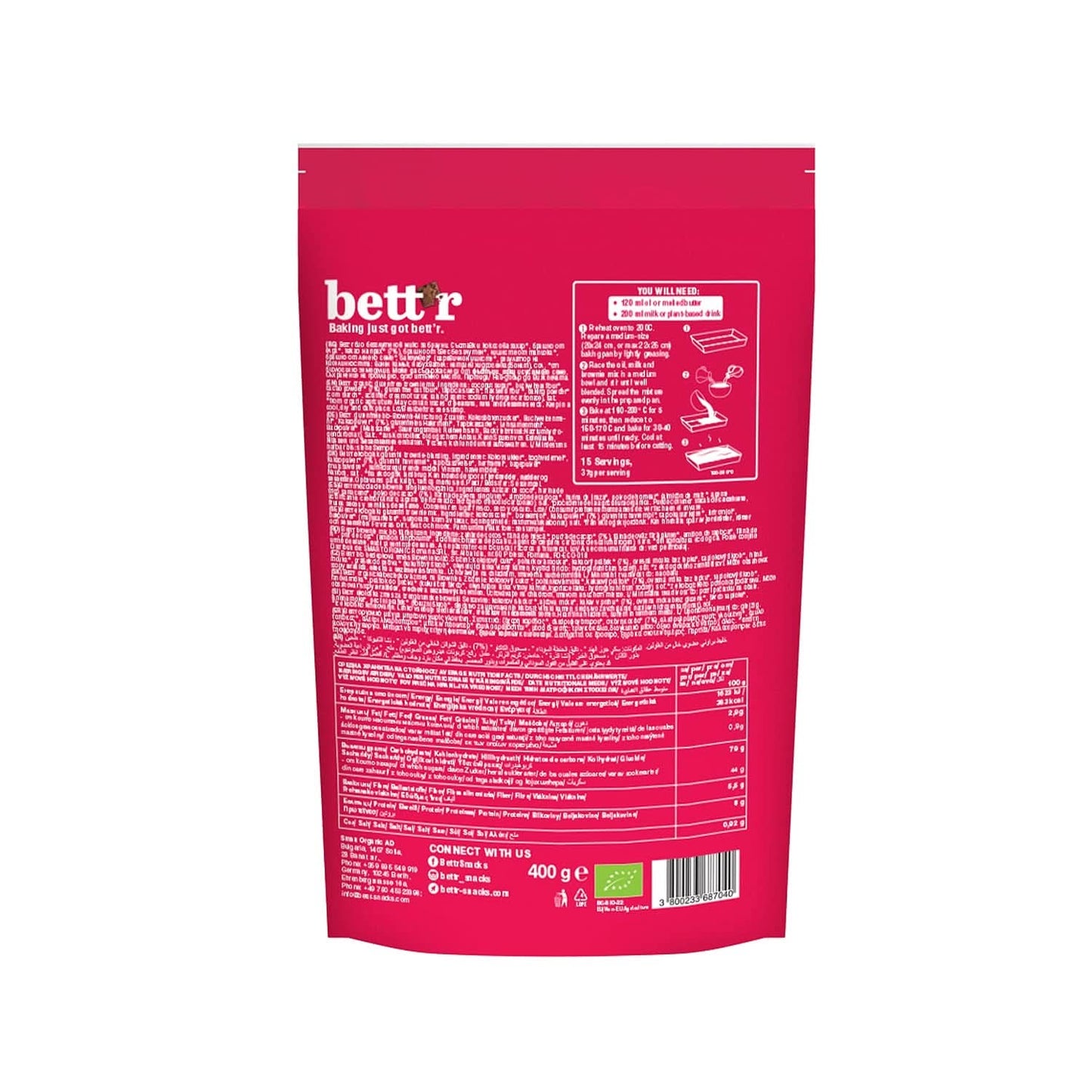Bettr Organic Brownie Mix - Brownies orgánicos, veganos y sin gluten con rico sabor a cacao, 6 x 400 gramos Kitchen Naty Shop