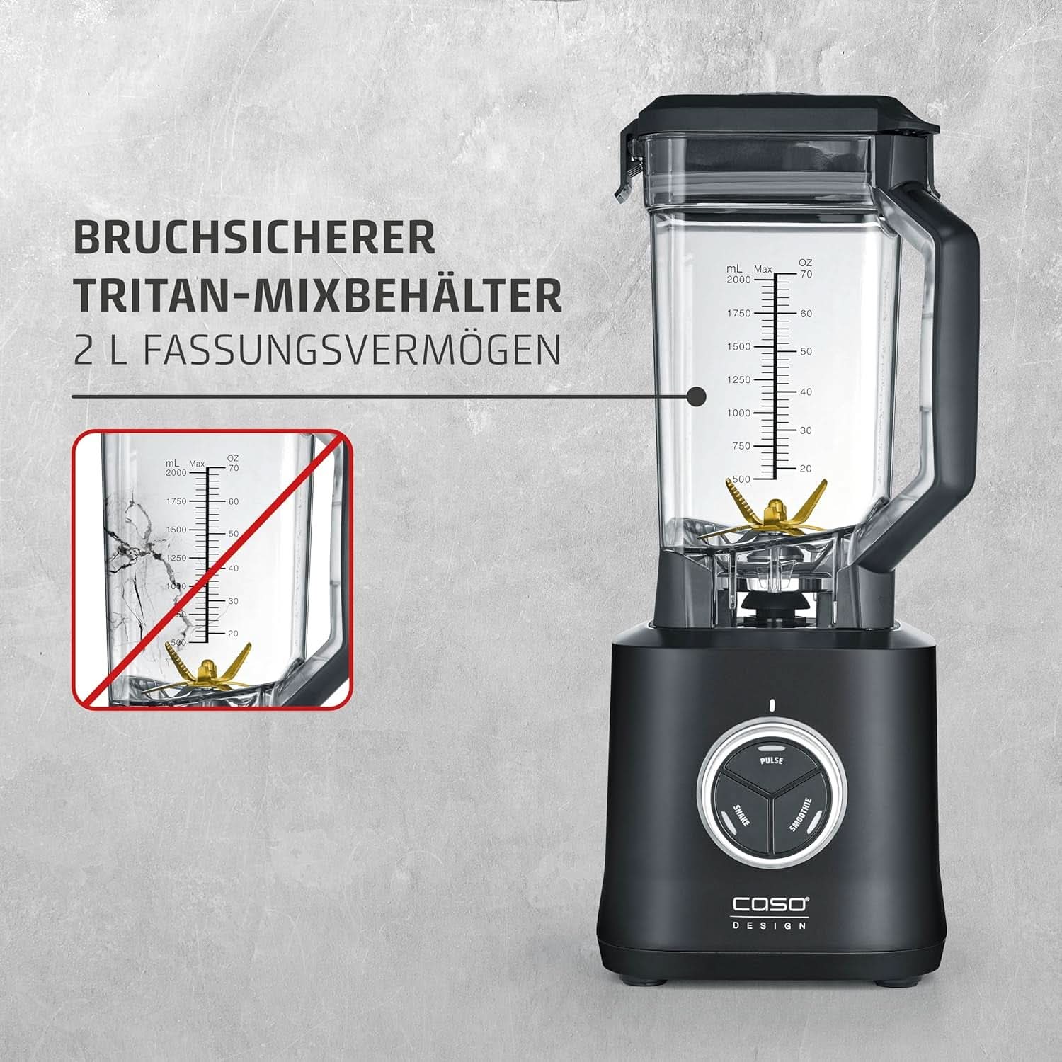 CASO Powerblender B 2000 - Batidora con base profesional, 30.000 U/Min, 2000 Watt, Bruchsicherer Tritan-Mixbehälter (2 L), libre de BPA, función Pulse, Shake, Smoothie, 8-Fach Messer-System Mit Titanbeschichtung Kitchen Naty Shop