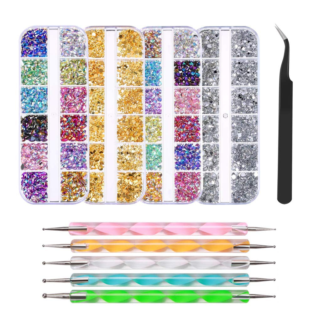 Diamantes de imitación para uñas con herramientas de punteado, decoración de uñas 3D, juego de piedras con purpurina para uñas, purpurina para decoración de uñas, accesorios para uñas, diseño de uñas con pinzas