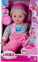 Simba 105140066 - Laura Interactive, muñeca de cuerpo blandito con ojos somnolientos, balbucea al moverlo, bebe del biberón y se duerme, 40 cm, muñeco bebé para niños a partir de 2 años
