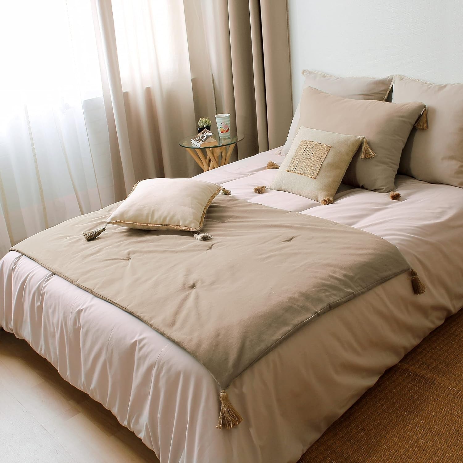Manta Enjoy Home Beige Natural Con 4 Pompones De Yute 90 X 190 Cm 100% Algodón Certificado Oeko-Tex Colección Panamá Naty Shop Mantas y Edredones