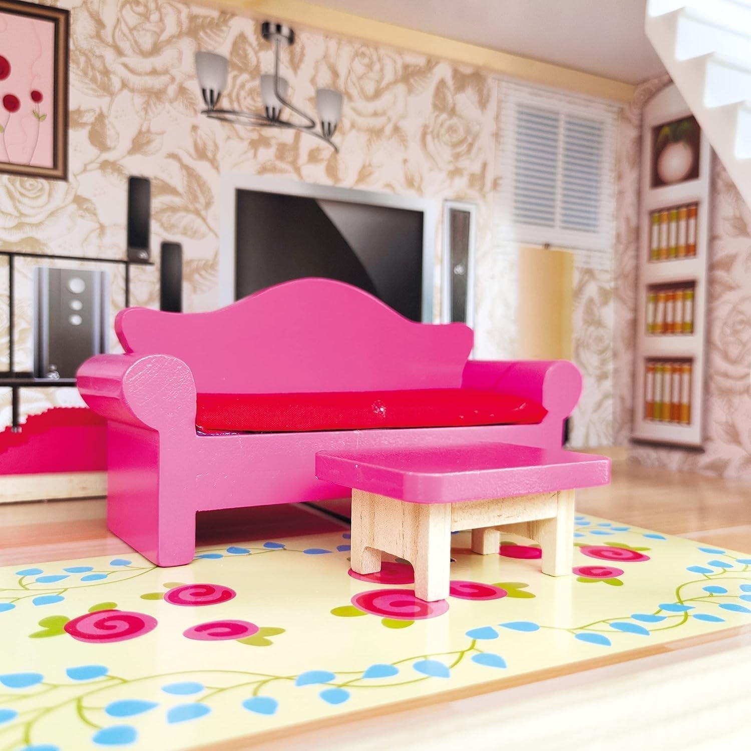 Bino World of Toys Casa de muñecas con balcón, Juguete para niños a partir de 3 años, con 3 plantas, escaleras, 4 habitaciones y balcón incl. 15-TLG. Accesorios, Para fomentar las habilidades de los niños, Diseño rosa Naty Shop casas de muñecas