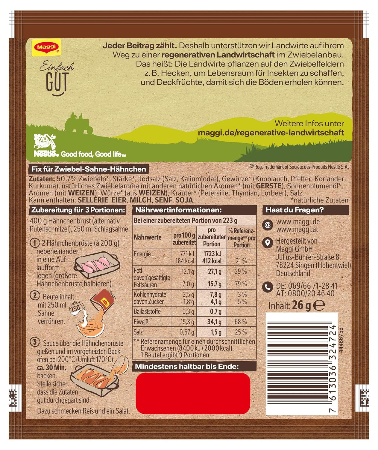 MAGGI Fix para Zwiebel-Sahne Hähnchen, Würzmischung, con ingredientes naturales*, para 3 porciones, 1 paquete (1 x 26 g)
