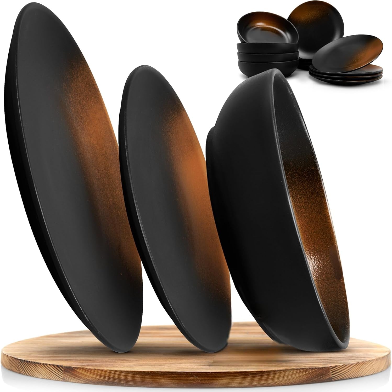 Vajilla de Gres de 12 Piezas - Línea Prairie - Diseño Elegante en Tonos Marrón/Negro, Juego de 4 Platos Llanos, 4 Platos de Postre y 4 Platos Llanos/Colección Premium