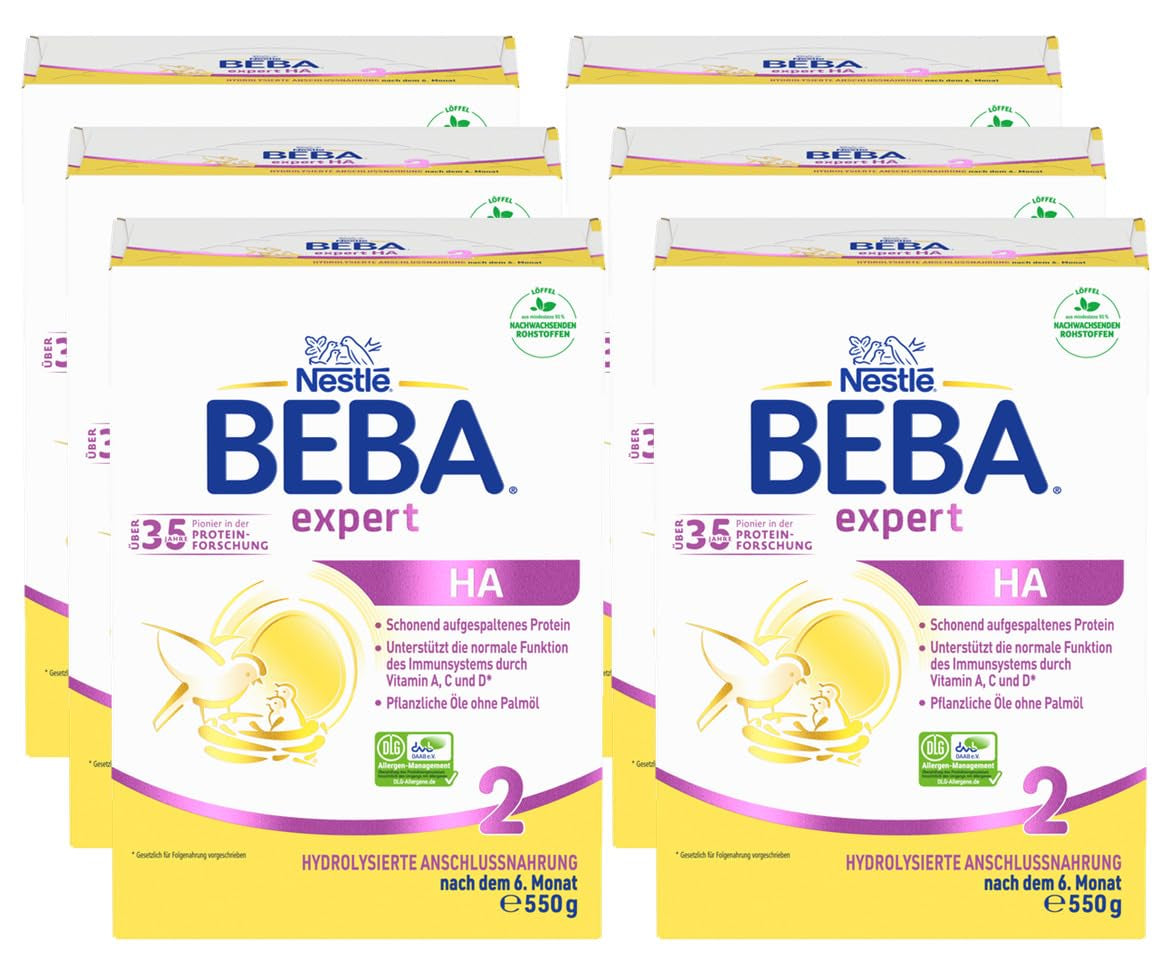 BEBA Expert HA 2 Leche de continuación a partir de los 6 meses, papilla con proteínas hidrolizadas, solo lactosa, sin aceite de palma, pack de 6 (6 x 550 g) Naty Shop
