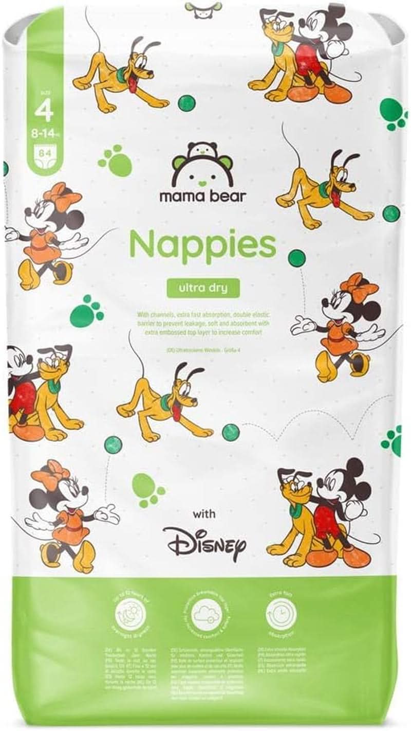 Mama Bear Disney Ultra Dry Pañales Talla 4 (8-14kg), Blanco, 84 Piezas (1 Paquete) Naty Shop Talla 4 (8-14kg) Paquete Individual