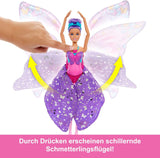 Barbie Bailarina y Mariposa 2 en 1 que transforma a bailarina en mariposa con alas que se abren, cabello morado, accesorios para el cabello y tutú desmontable, HXJ10