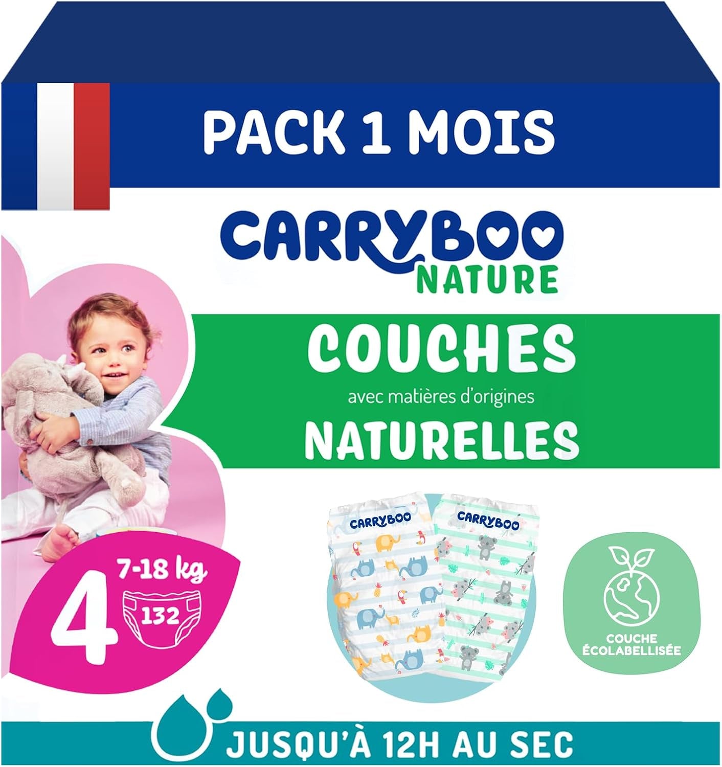 - Pañal talla 4 (7 – 18 kg) – para pieles sensibles – natural y muy absorbente – 12 horas a prueba de fugas – ohne unerwünschte Inhaltsstoffe – fabricado en Francia – 132 pañales