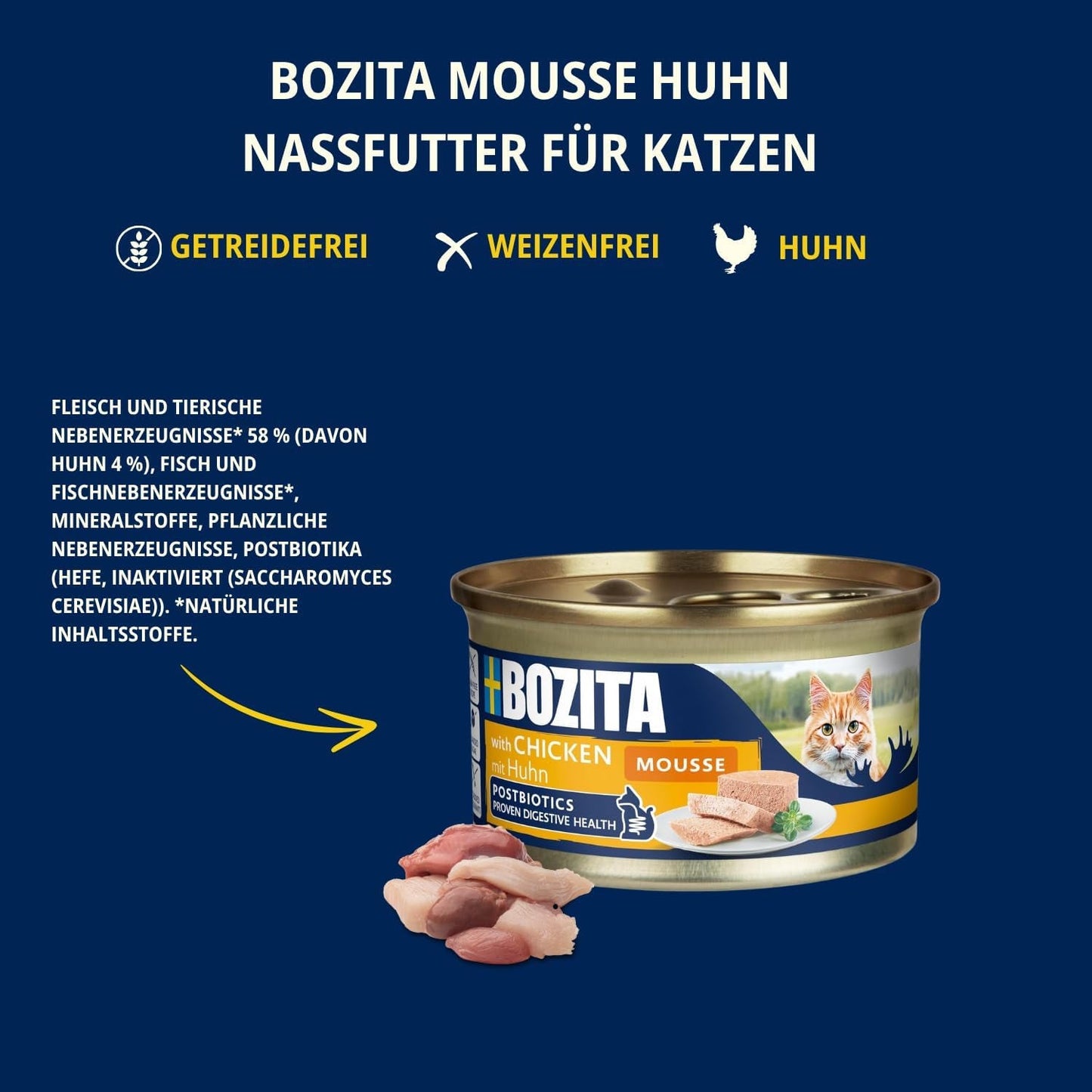 Bozita Mousse Chicken - 12 x 85 g comida húmeda para gatos con una fina textura de mousse y pollo - receta sin cereales, sin azúcares añadidos - con postbióticos para favorecer una flora intestinal saludable