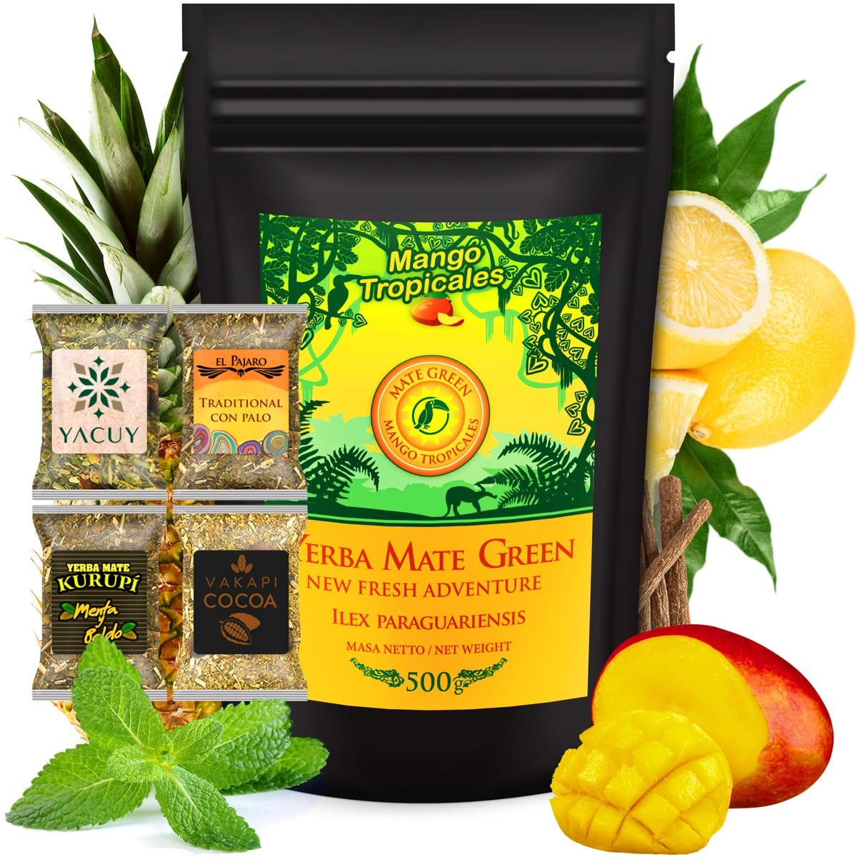 Juego de Té Yerba Mate ● Té Mate Mango Tropicales 500G ● Juego de Té Mate 4X25G ● Té Mate con Frutas ● Té Yerba Mate con Mango, Piña, Limón