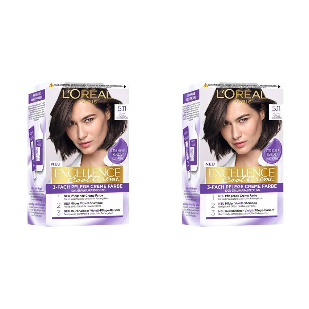 L'Oréal Paris Tinte permanente para el cabello con resultado de color ultra fresco, cobertura 100% de las canas, conjunto con tinte, champú y crema de cuidado, Excellence Cool, núm. 5.11 Castaño Claro (Marrón) (Pack de 2) Naty Shop Tinte para el Cabello Título Predeterminado