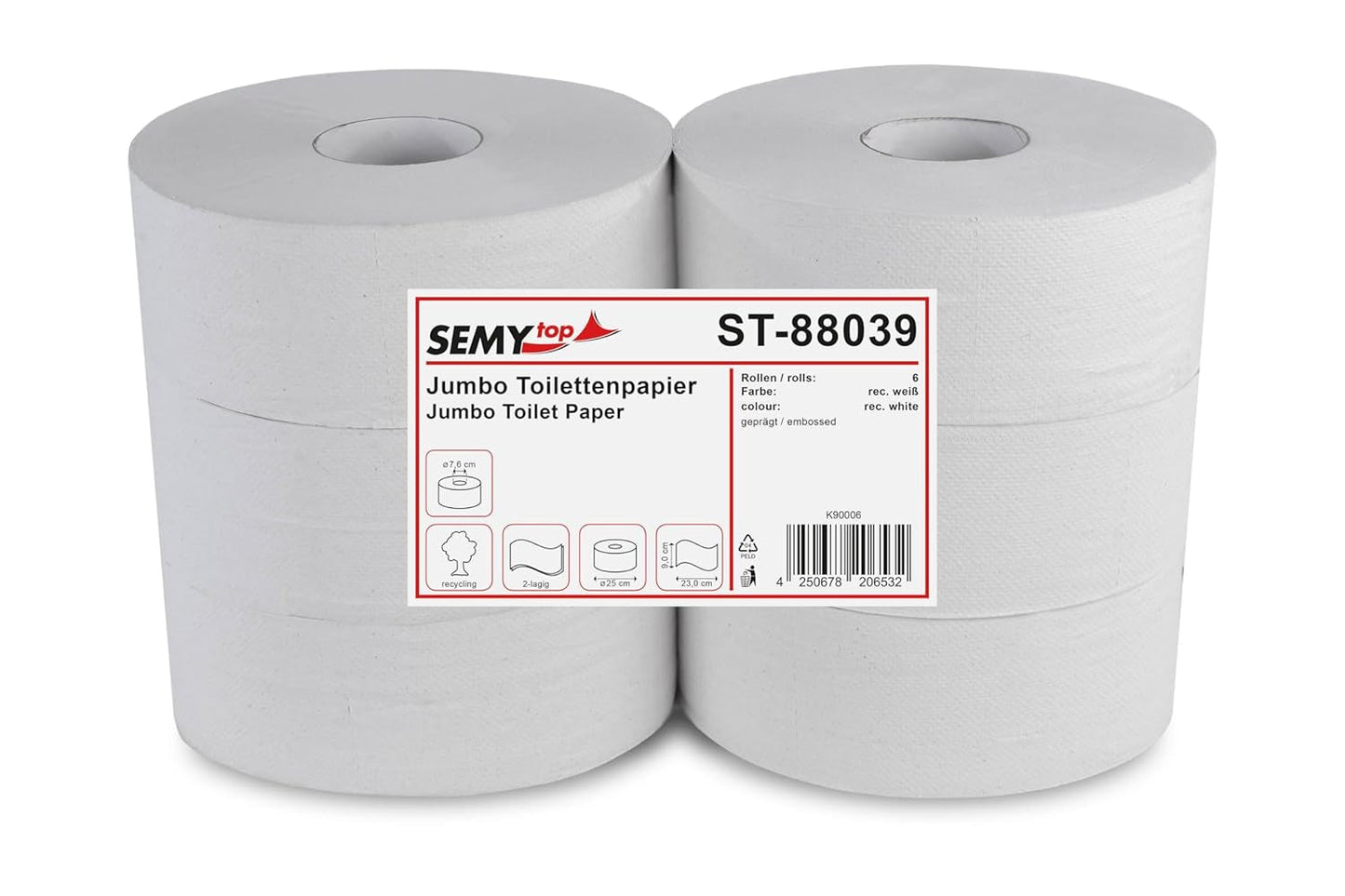 Semi Top ST-88039 Papel higiénico Jumbo, 2 capas, reciclado, 25 cm de diámetro (paquete de 6)