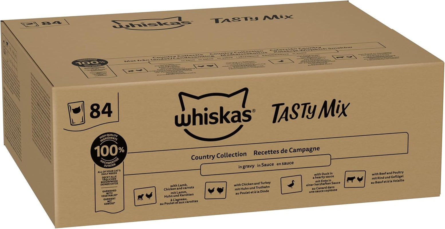 Whiskas Comida húmeda para adultos 1+ Tasty Mix Country Collection en salsa, 84 sobres, 84 x 85 g (1 paquete a granel) - Comida húmeda de alta calidad para gatos adultos