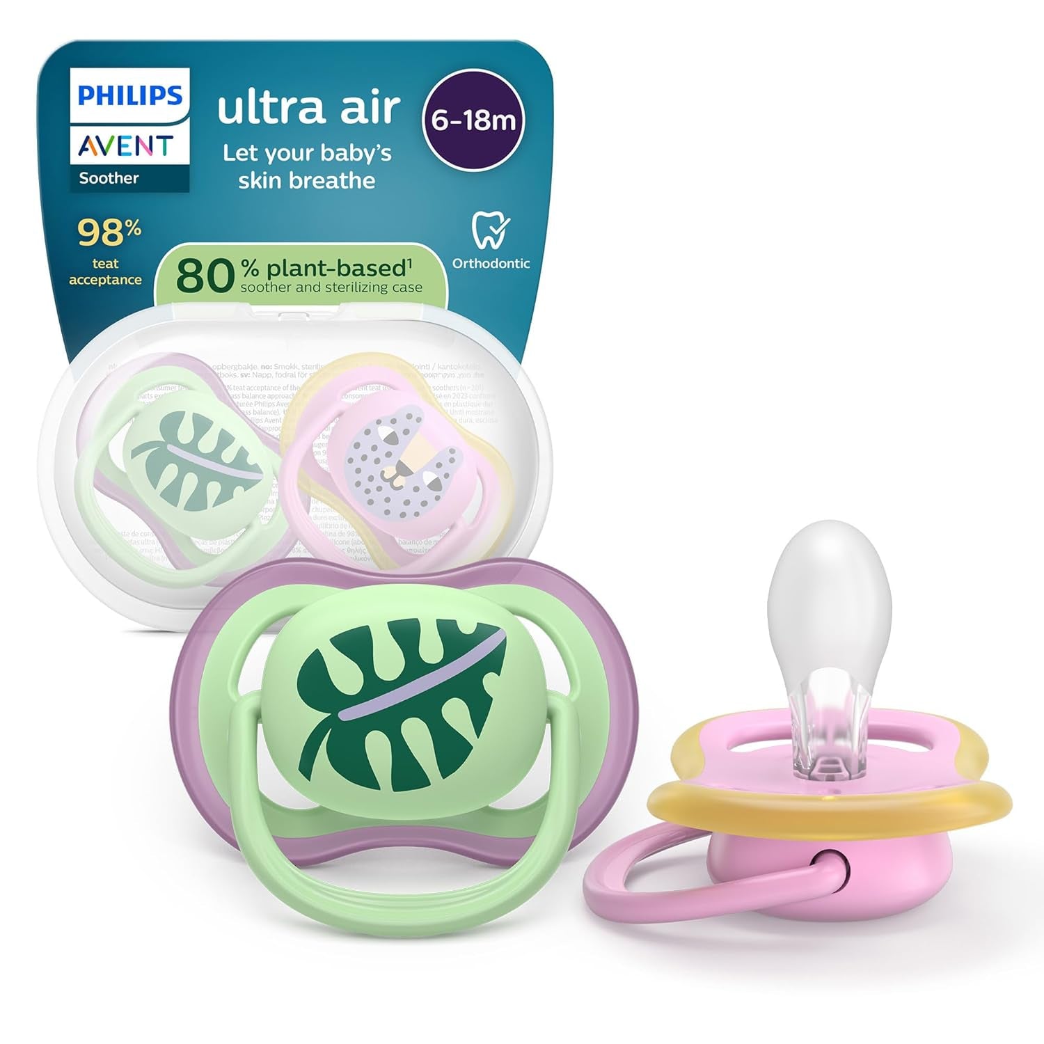 Chupetes Philips AVENT ultra air - pack de 4 chupetes transpirables sin BPA para bebés de 6 a 18 meses, incluido estuche de transporte y esterilización, patrón tortuga/ballena (modelo SCF085/66)