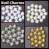 GZMAYUEN 920 Uds. Perlas planas doradas y plateadas para uñas, perlas de uñas color beige medio blanco, perlas pequeñas Halbrunde con parte posterior plana para decoración de uñas DIY