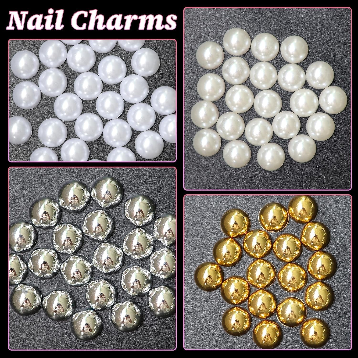 GZMAYUEN 920 Uds. Perlas planas doradas y plateadas para uñas, perlas de uñas color beige medio blanco, perlas pequeñas Halbrunde con parte posterior plana para decoración de uñas DIY