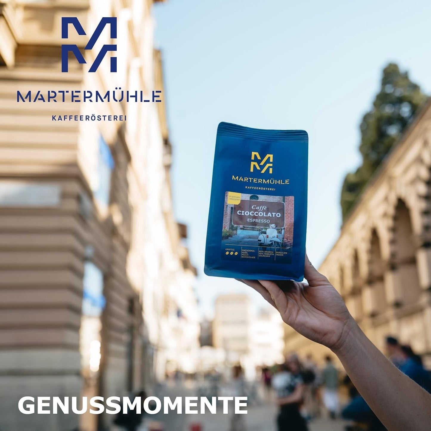 Granos de espresso Martermühle Cioccolato 500g Fuerte | Arábica/Robusta | Sabores: Nueces de macadamia, chocolate con leche | Granos de espresso enteros ligeramente tostados, baja acidez