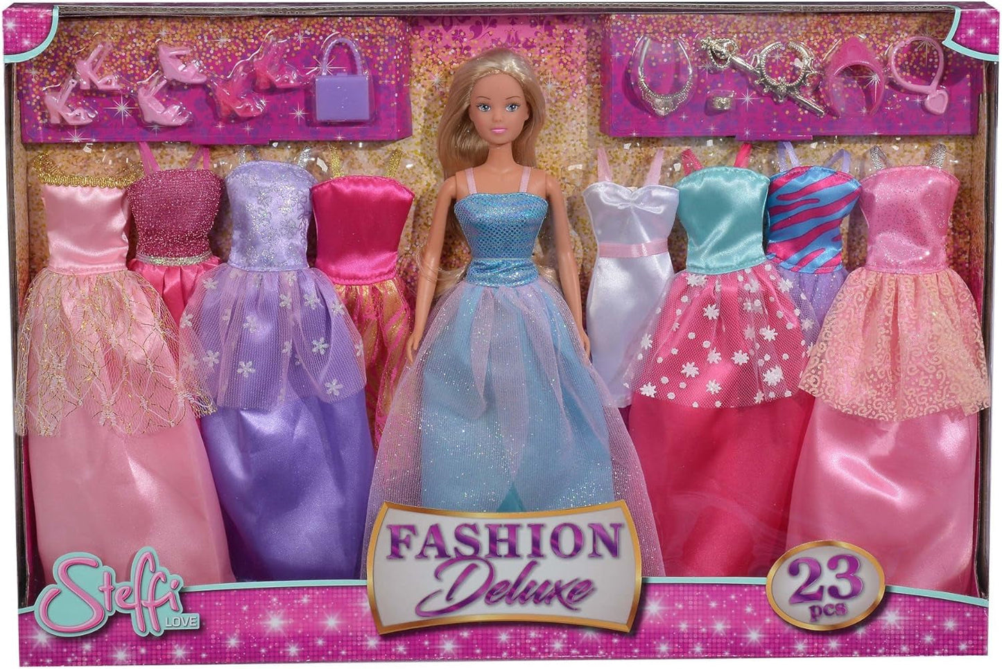 Simba 105733092 - Muñeca Steffi Love Fashion Deluxe con vestido de noche con ocho vestidos adicionales y accesorios a juego, 23 piezas, 29 cm, edades 3+