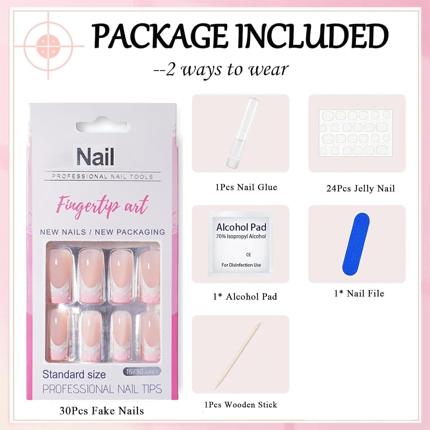 30 uñas postizas francesas – Pegamento en uñas artificiales – Uñas de gel suave para mujer – Uñas adhesivas acrílicas manicura cuadrada (rosa francés)