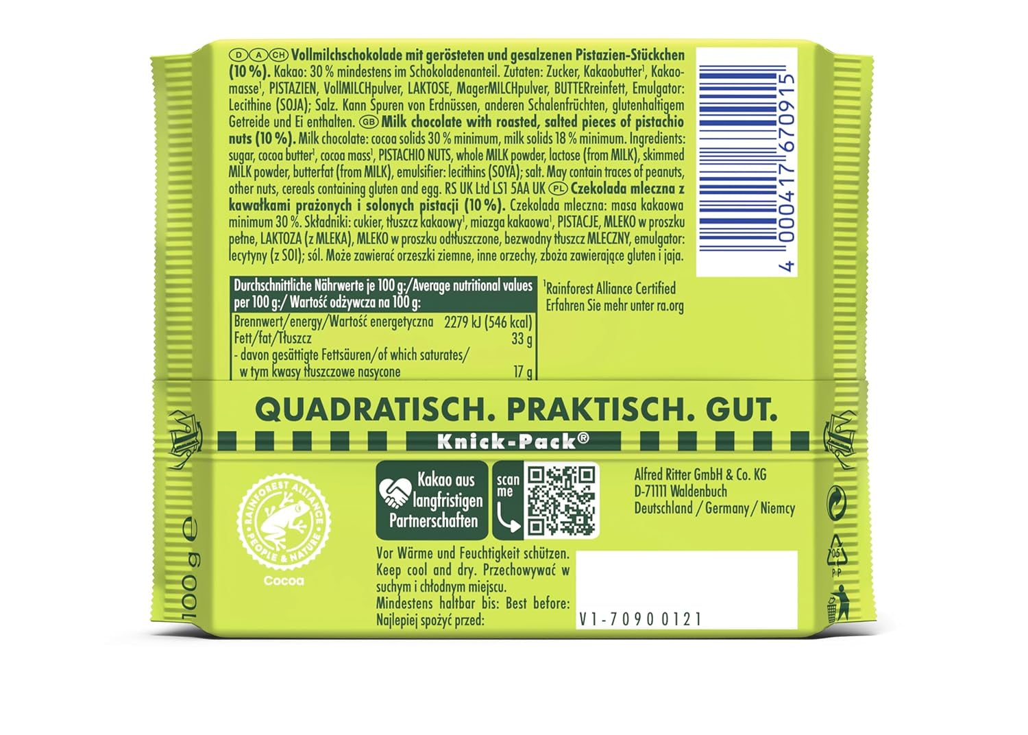 Ritter Sport Pistachio, chocolate con leche con finos trozos de pistacho, un clásico del chocolate, perfecto para picar y disfrutar, una idea genial para regalar, 12 barritas x 100g