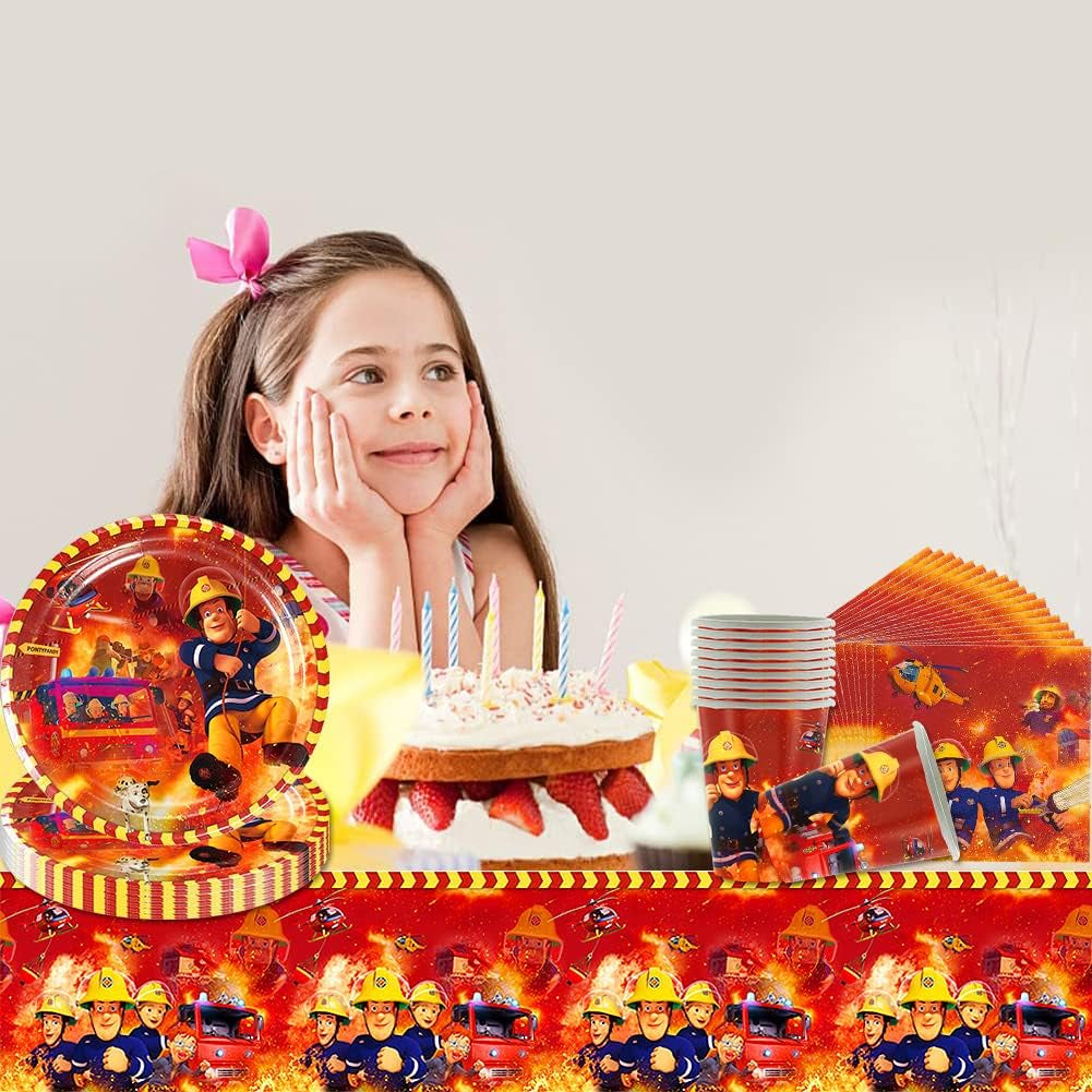 Juego de vajilla para fiesta temática de bomberos, decoraciones para fiesta de cumpleaños de bomberos, 61 piezas para 20 invitados