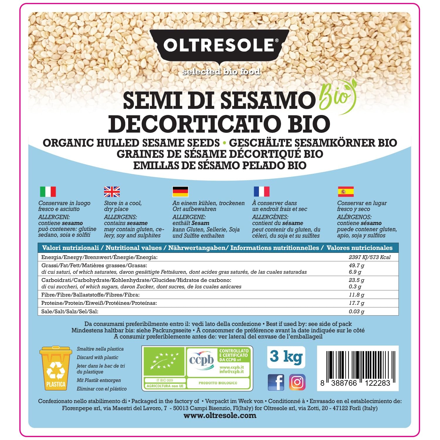 Semillas de sésamo orgánicas 3 kg, semillas oleaginosas orgánicas crudas, sésamo blanco, peladas naturalmente, sin tostar, fuente de calcio y hierro, paquete económico