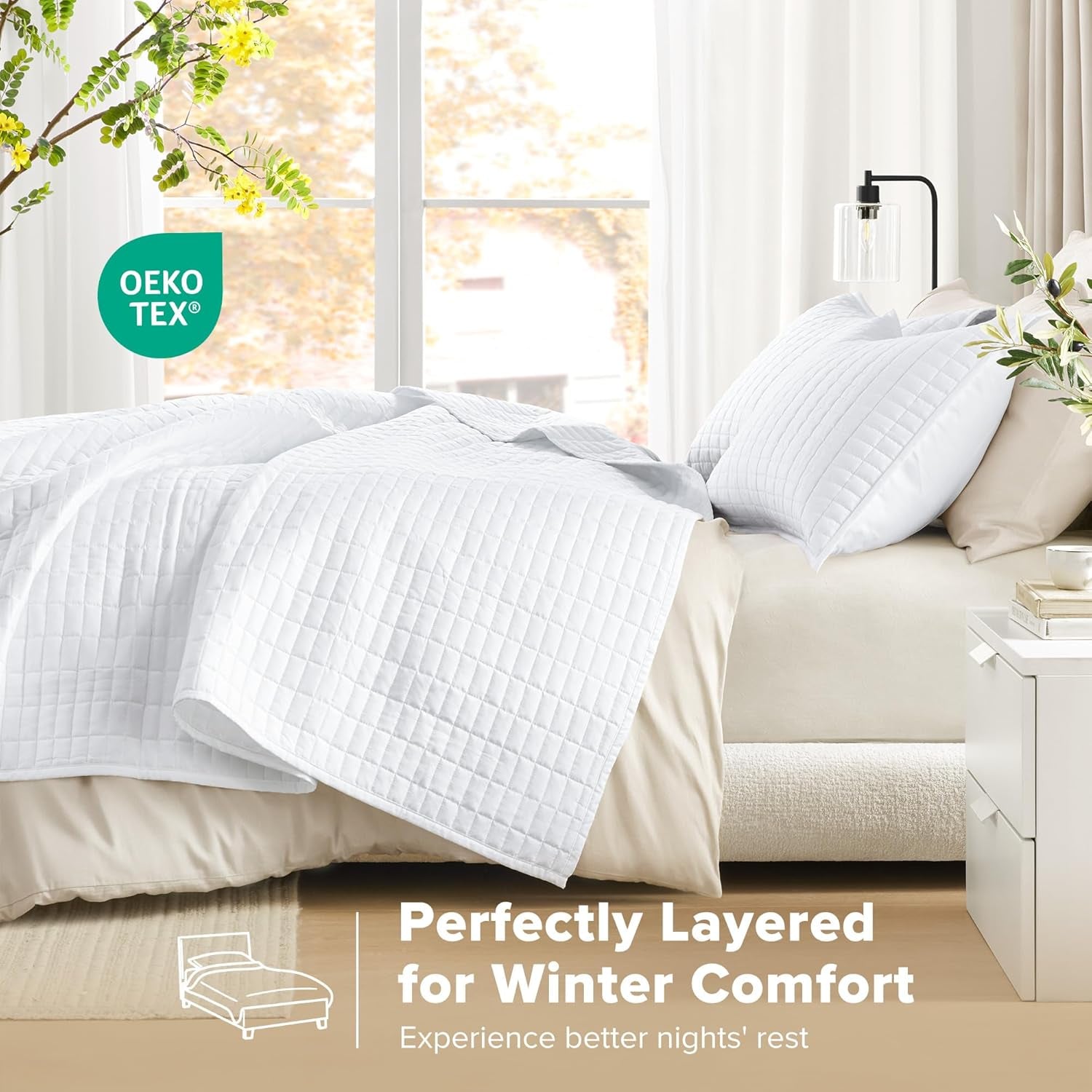 Comfort Spaces Juego de edredón Kienna, manta de verano de doble puntada, ropa de cama ligera y suave para todo el año, funda de almohada a juego, manta tamaño king blanca (264,2 x 228,6 cm) Naty Shop Edredones y edredones