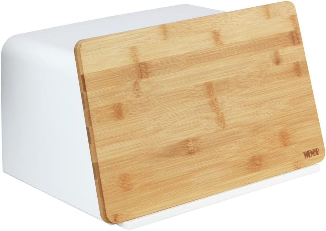 WENKO Kubo Panera con Tabla de Bambú, Versátil Panera con Tapa y Tabla de Cortar de Bambú Integrada, Caja para Almacenar Alimentos, Panera Duradera, 35 x 20,5 x 26 cm, Negro/Natural Naty Shop Cajas para Almacenar Alimentos Blanco/Marrón