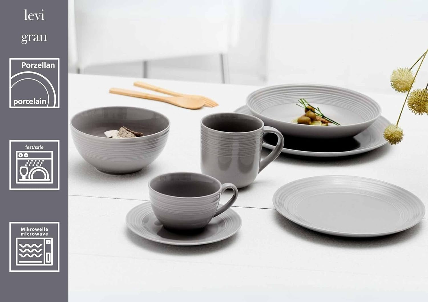 Ritzenhoff & Breker Levi Vajilla de 16 Piezas, Platos, Cuencos y Tazas para 4, Diseño Escandinavo con Fino Relieve Estriado, Vajilla Mix & Match, Porcelana, Blanco y Gris