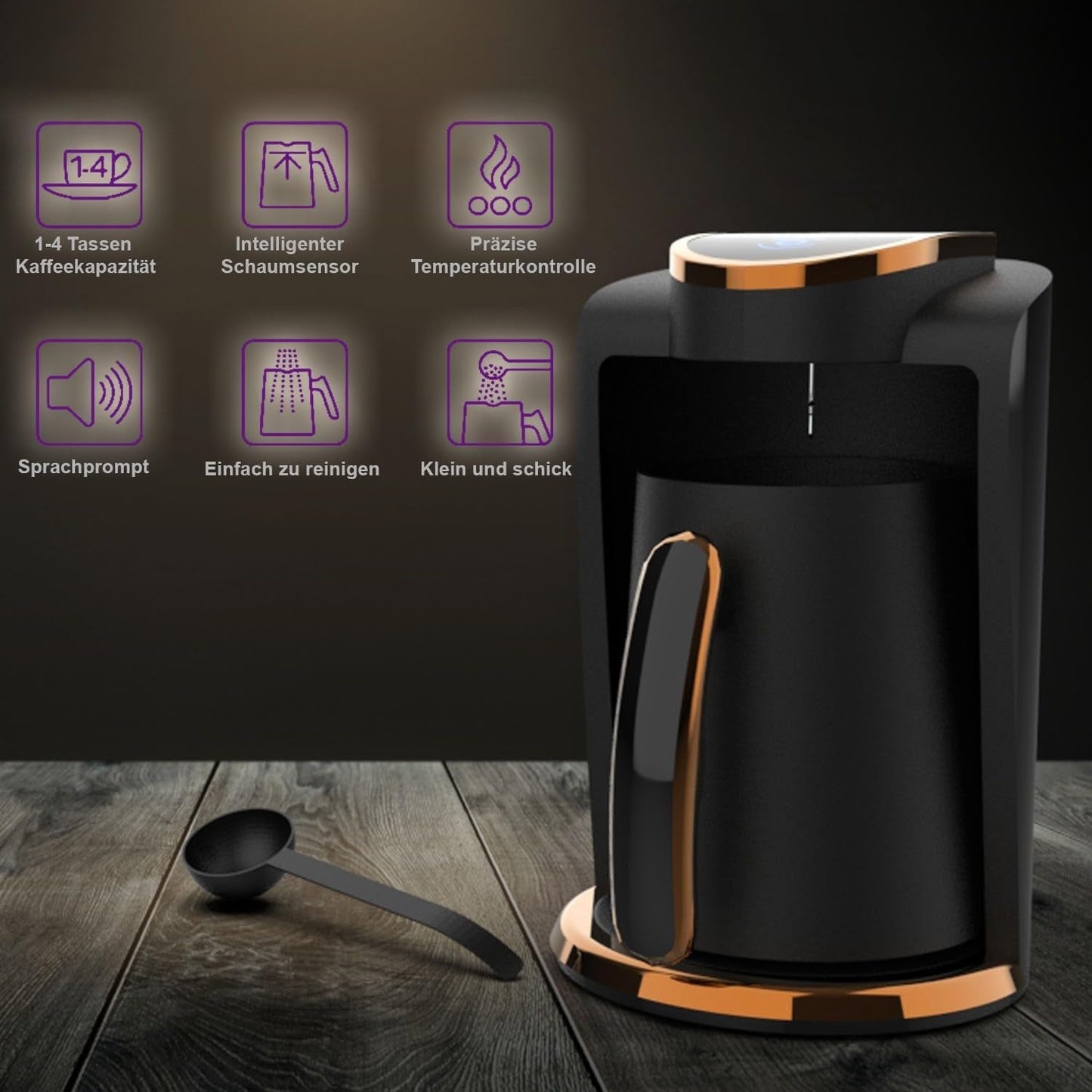 Cafetería turca Inca | Máquinas Türk Kahve | 250ml (1-4 tazas) | 400W | IKM-01 | Protección contra derrames y ebullición sin agua | Placa calefactora de acero inoxidable | Apagado automático | Para un café turco perfecto