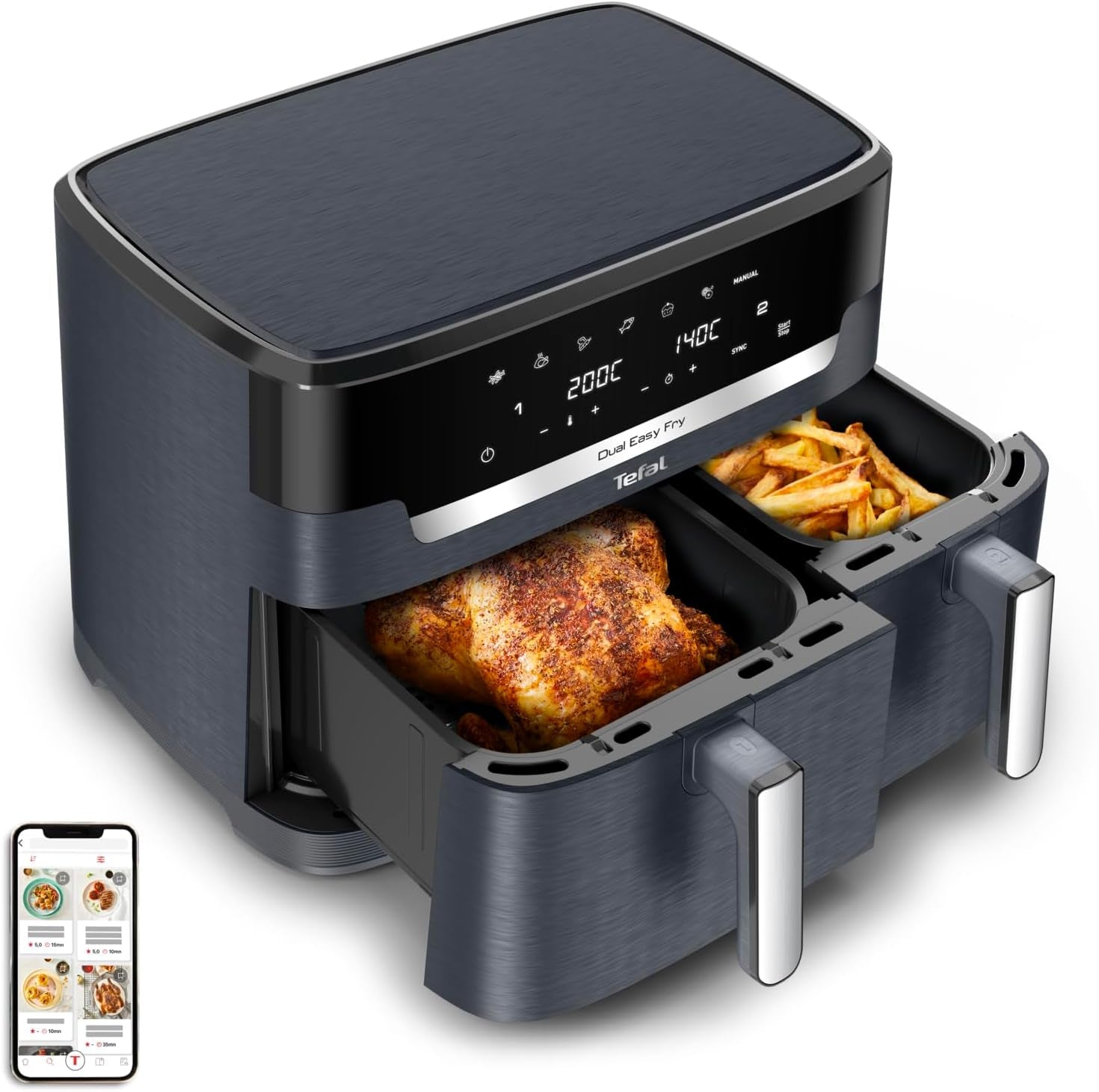 Freidora de Aire Caliente Tefal Dual Easy Fry con dos cámaras, capacidad 5,2/3,1 litros, dos cajones independientes, 7 programas Electrodomésticos Naty Shop Gris/Antracita