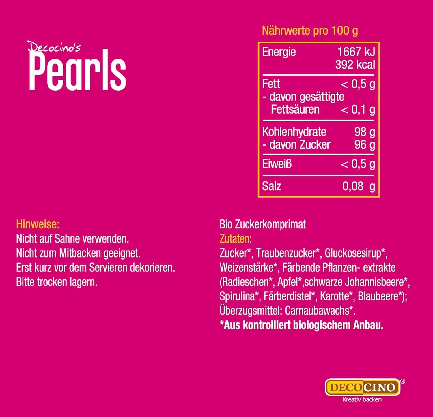 DECOCINO Perlas Sprinkle Orgánicas - 60 gramos - Sprinkles de dextrosa orgánica Sprinkles Naty Shop
