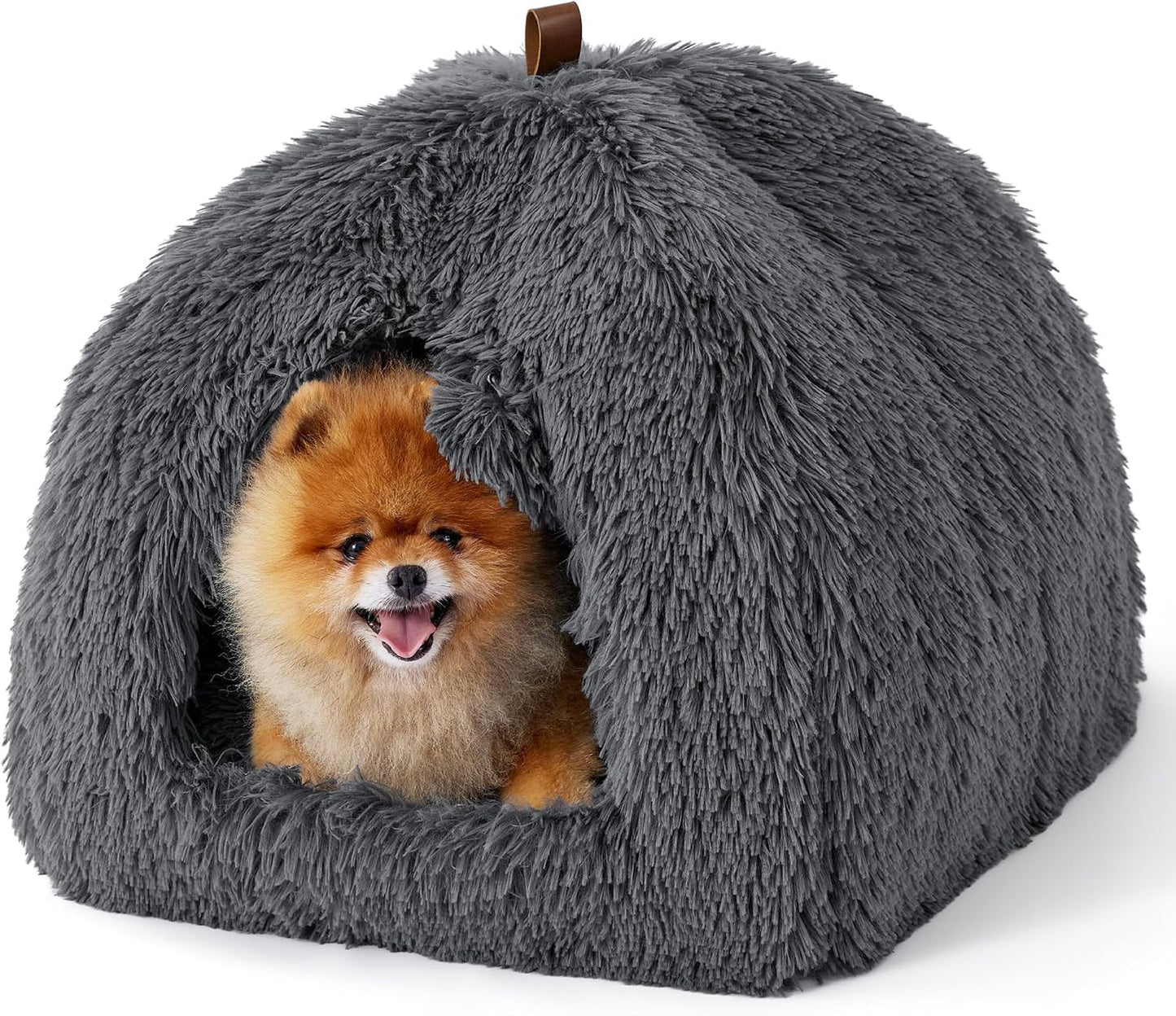 BEDSURE Katzenbett große Katzen Katzenhöhle- 44x44x44 cm Plüsch Katzenhaus Indoor mit abnehmbarem Katzenkissen und hängendem Spielzeug, Katzen Bettchen washbar, dunkelgrau