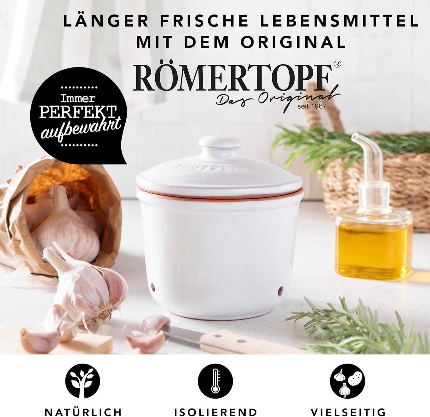 Römertopf Fresh Pot MINI 0,6 litros - Olla de cerámica para ajos - La arcilla transpirable mantiene las verduras frescas durante más tiempo - Circulación de aire ideal - Cajas de almacenamiento de alimentos blancas Naty Shop