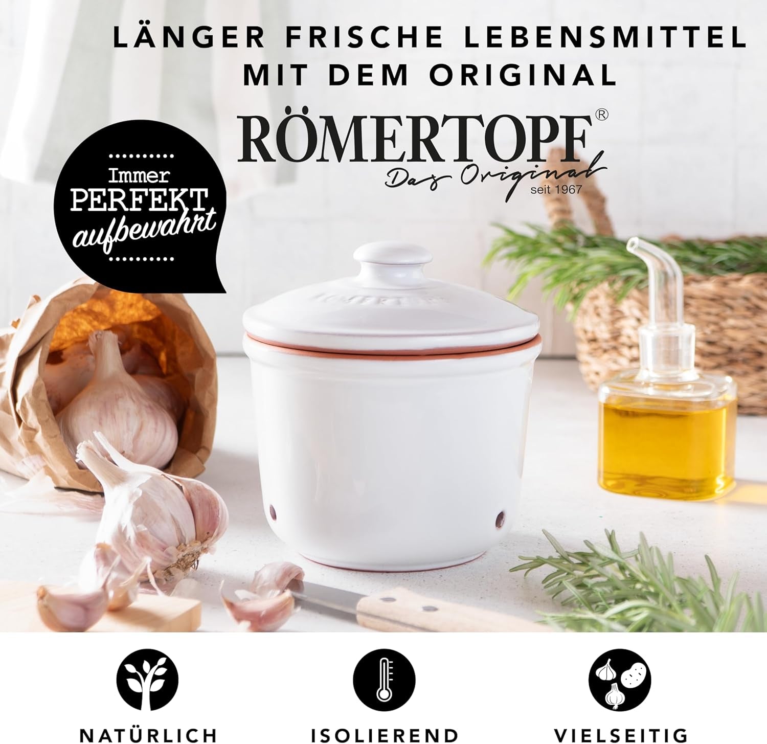 Römertopf Fresh Pot MINI 0,6 litros - Olla de cerámica para ajos - La arcilla transpirable mantiene las verduras frescas durante más tiempo - Circulación de aire ideal - Cajas de almacenamiento de alimentos blancas Naty Shop
