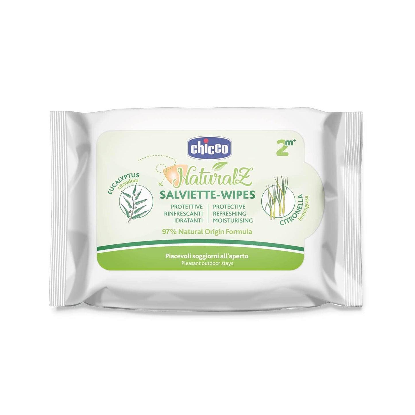 Toallitas Húmedas Protectoras Chicco NaturalZ, Pack de 20. Protección natural de verano con hierba de limón y eucalipto, protección de día y de noche.