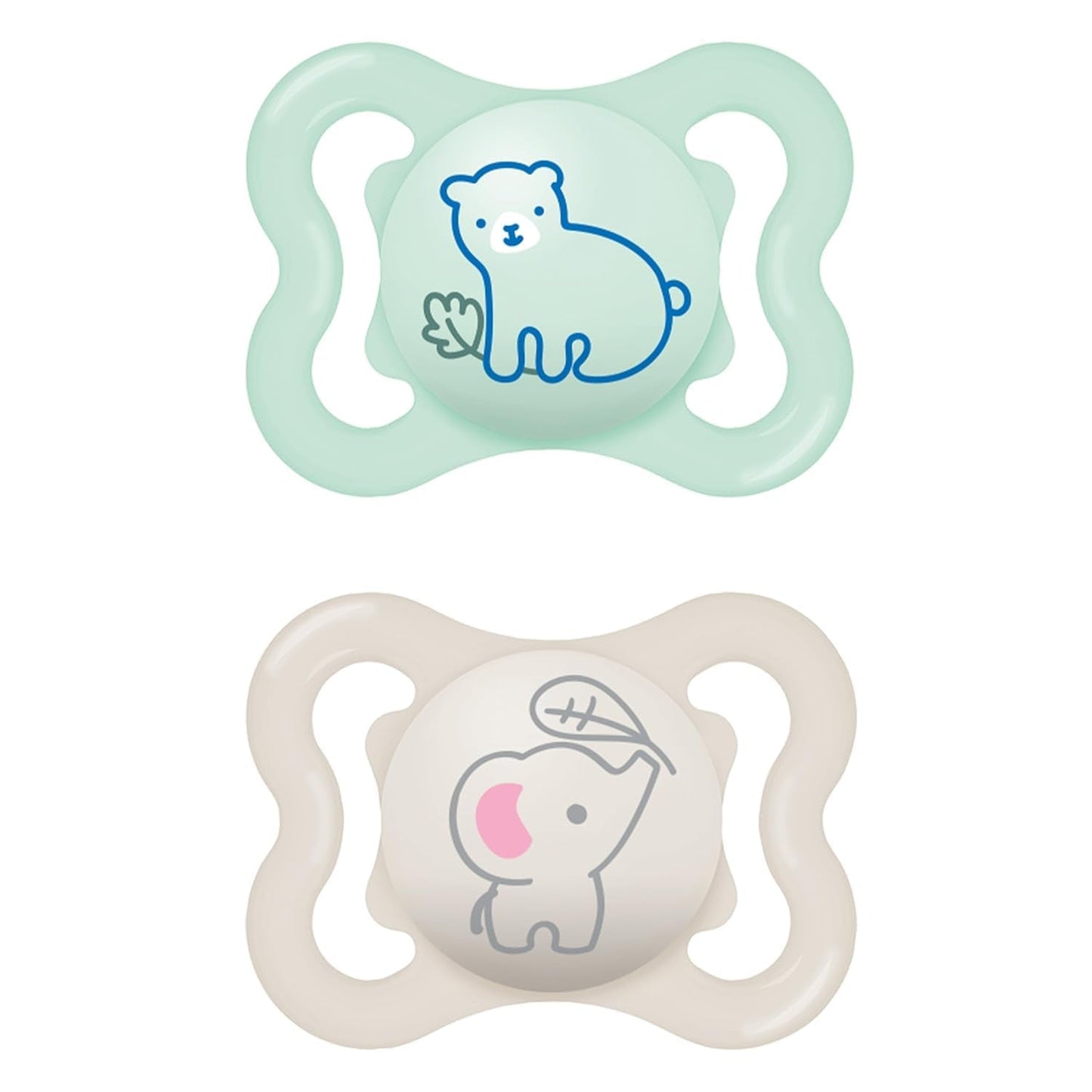 Chupete de silicona MAM Air 2 unidades Diseño extra ligero y ventilado Chupete respetuoso con los dientes Hecho de silicona especial MAM SkinSoft con caja para chupete 6-16 meses Oso/Rinoceronte