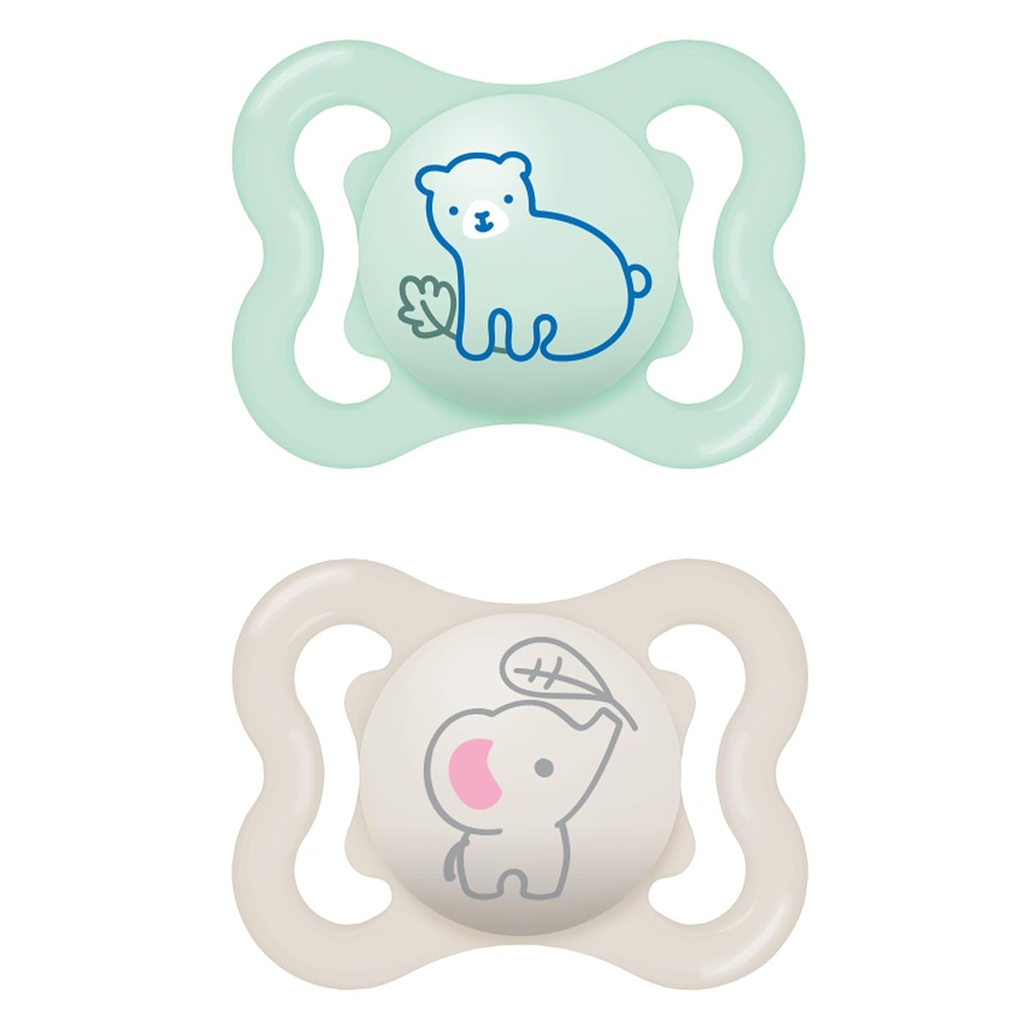 Chupete de silicona MAM Air 2 unidades Diseño extra ligero y ventilado Chupete respetuoso con los dientes Hecho de silicona especial MAM SkinSoft con caja para chupete 6-16 meses Oso/Rinoceronte