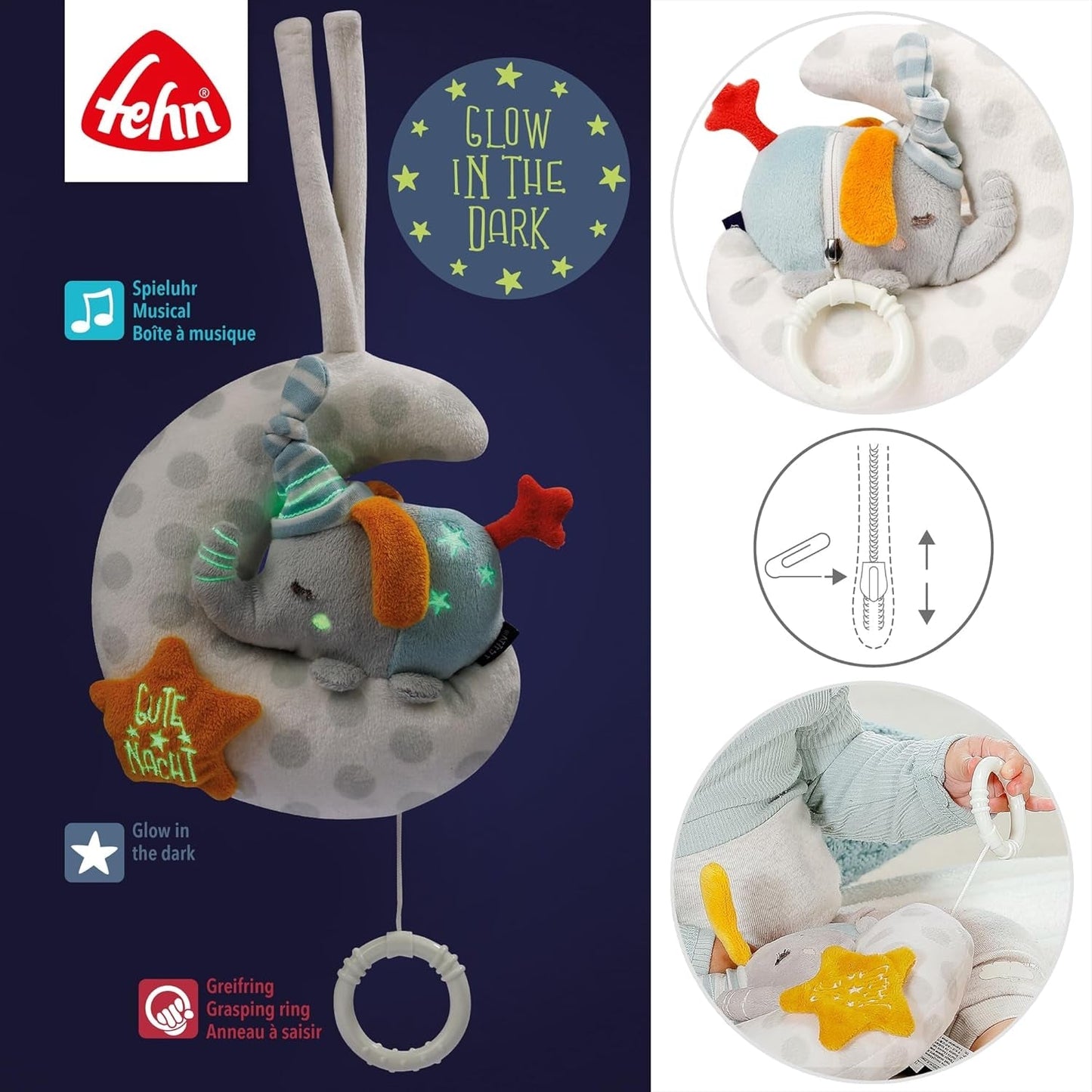 Caja de música Fehn bebé elefante en la luna - bordado "Brilla en la oscuridad" con la canción "La luna ha salido" - peluche para conciliar el sueño - juguete para niños de viaje y en casa - a partir de 0 meses Juguetes para bebés Naty Shop