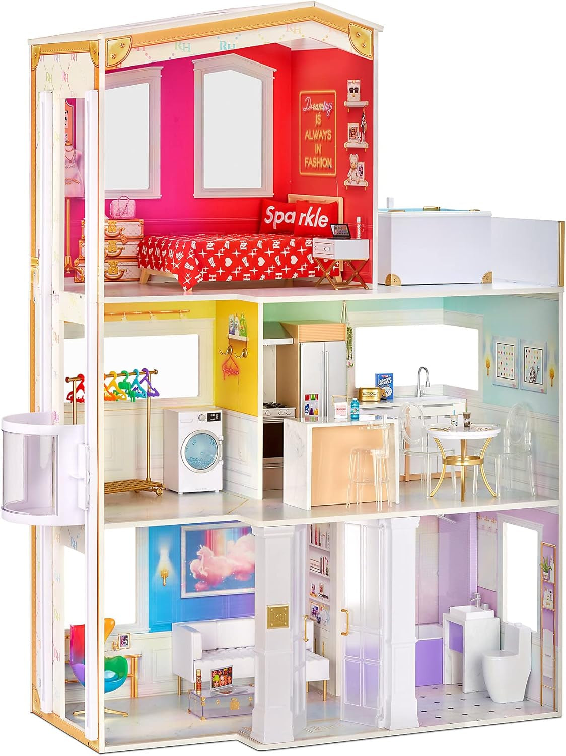 Rainbow High Townhouse - Casa de muñecas de madera de 3 pisos con 5 coloridas habitaciones y terraza - Casa completamente amueblada con ascensor y accesorios funcionales - Juguete para casas de muñecas de 4 a 12 años o más Naty Shop 2021 Rainbow High House