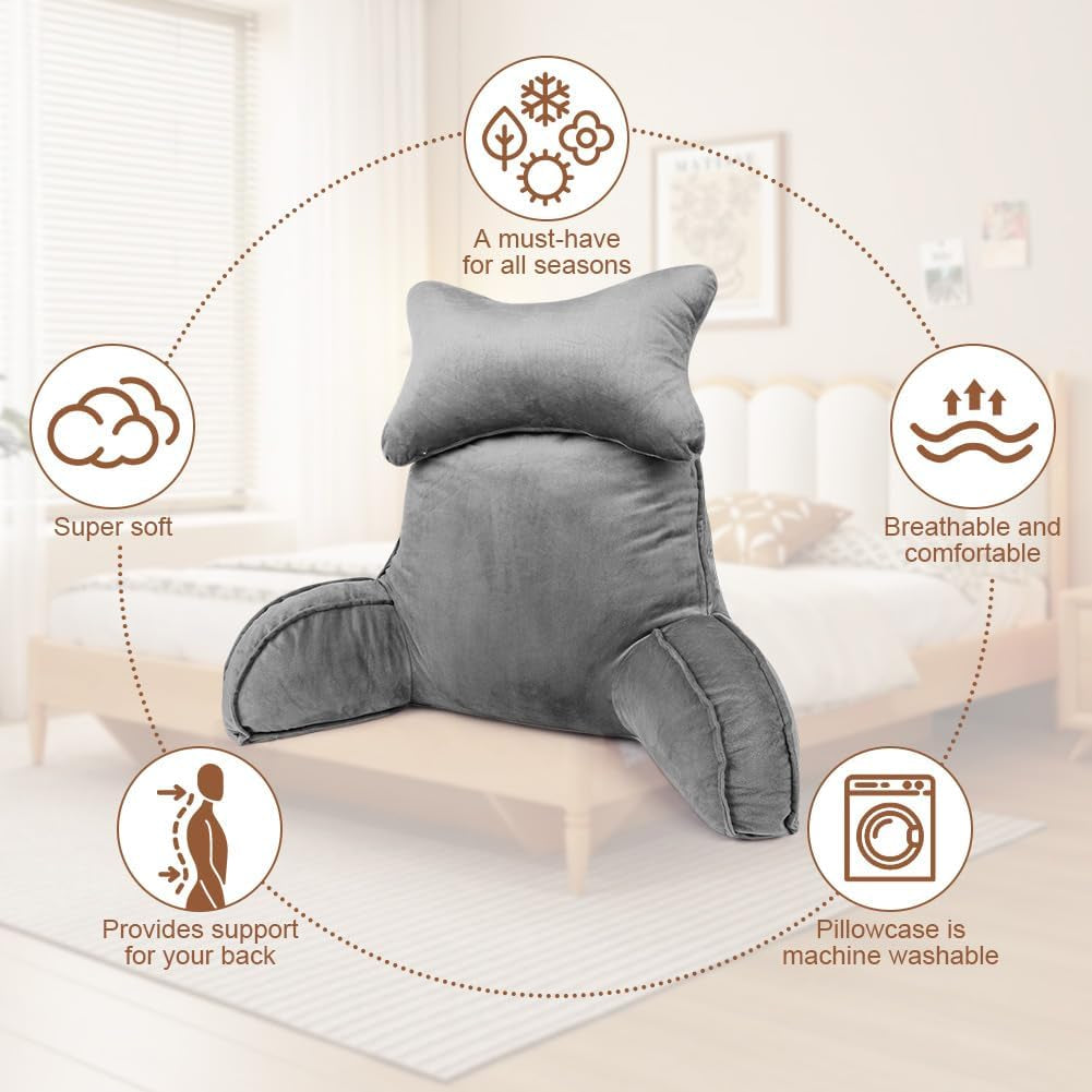 Almohada de lectura, almohada de espalda con rollo para el cuello y brazos desmontables, almohada de reposo en cama para uso en cama o sofá, almohada de respaldo para leer, trabajar y jugar