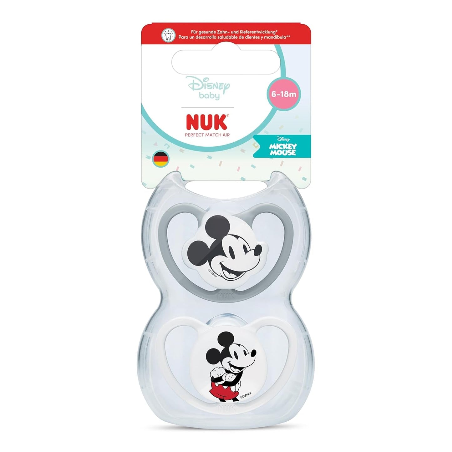 Chupetes NUK Perfect Match Air para bebés | 6-18 meses | Chupetes de ortodoncia que favorecen la circulación del aire y previenen erupciones provocadas por la saliva | 95% de aceptación por parte de los bebés** | Mickey Mouse de Disney | Paquete de 2