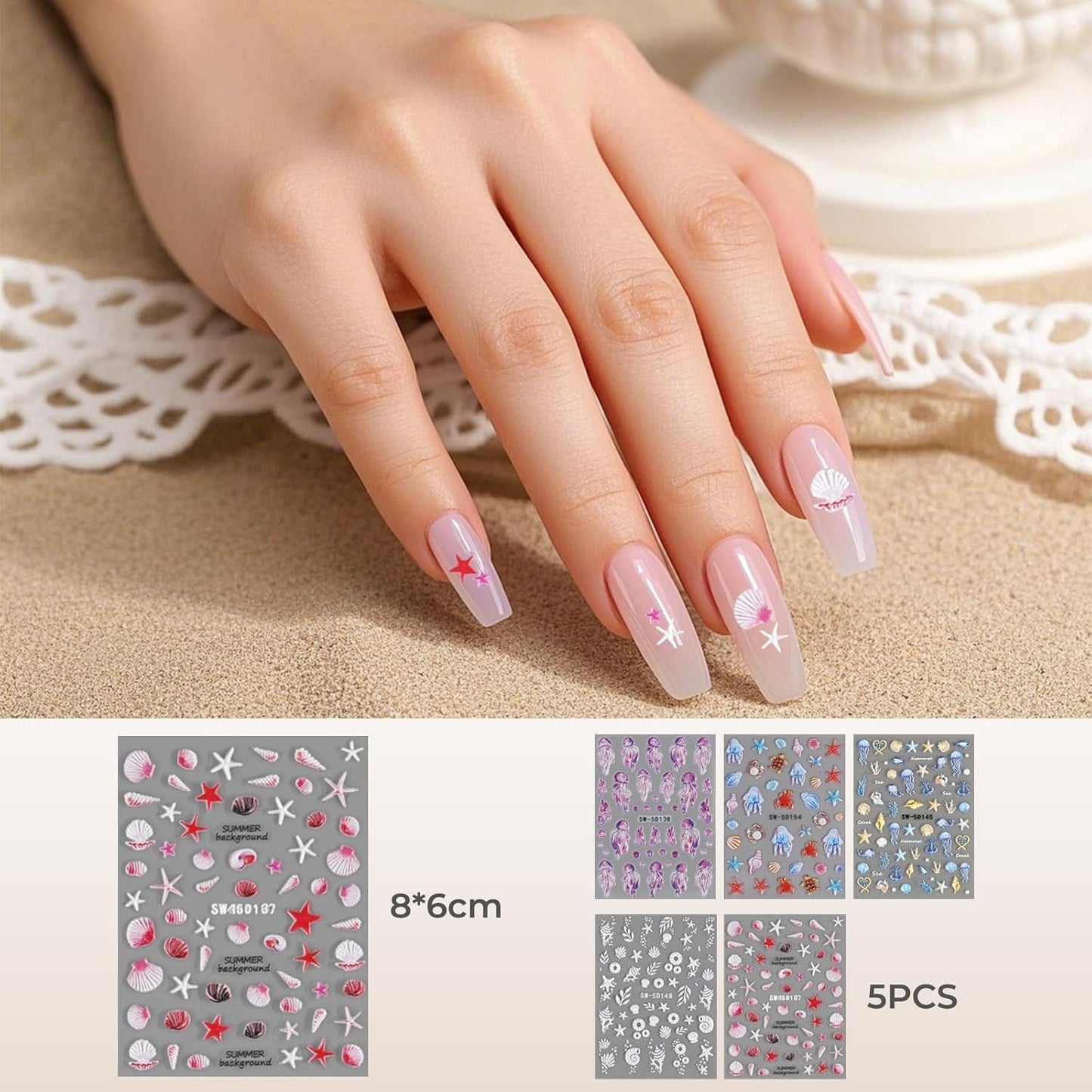 5 pegatinas de uñas en relieve 5D con patrón de océano, pegatinas de uñas de verano, conchas, animales marinos, lindas pegatinas de diseño de uñas, accesorios de diseño de uñas