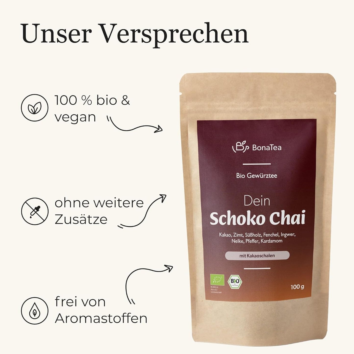 Té especiado BIO Schoko Chai sin azúcar, con vainas de cacao, canela, regaliz y otras especias aromáticas Chai, 100 g