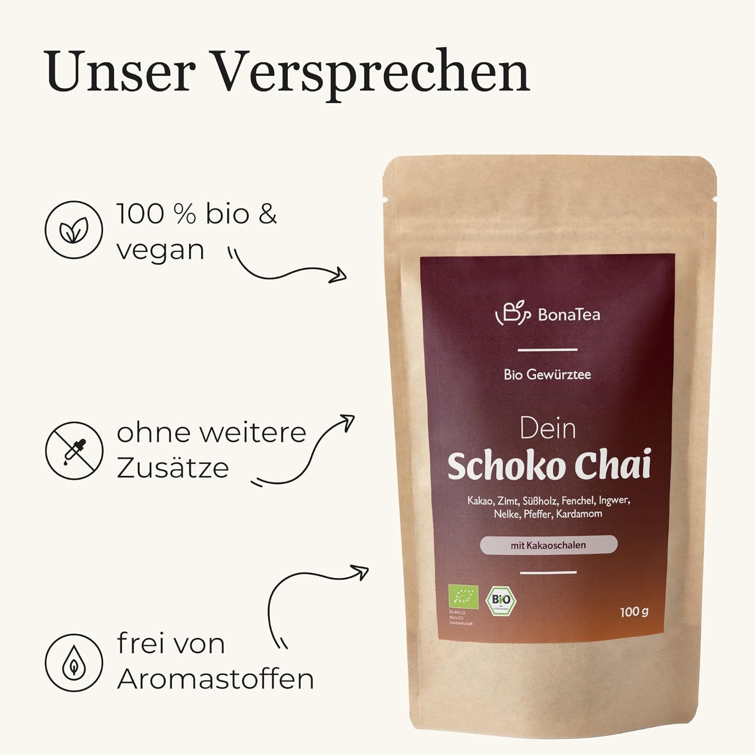 Té especiado BIO Schoko Chai sin azúcar, con vainas de cacao, canela, regaliz y otras especias aromáticas Chai, 100 g